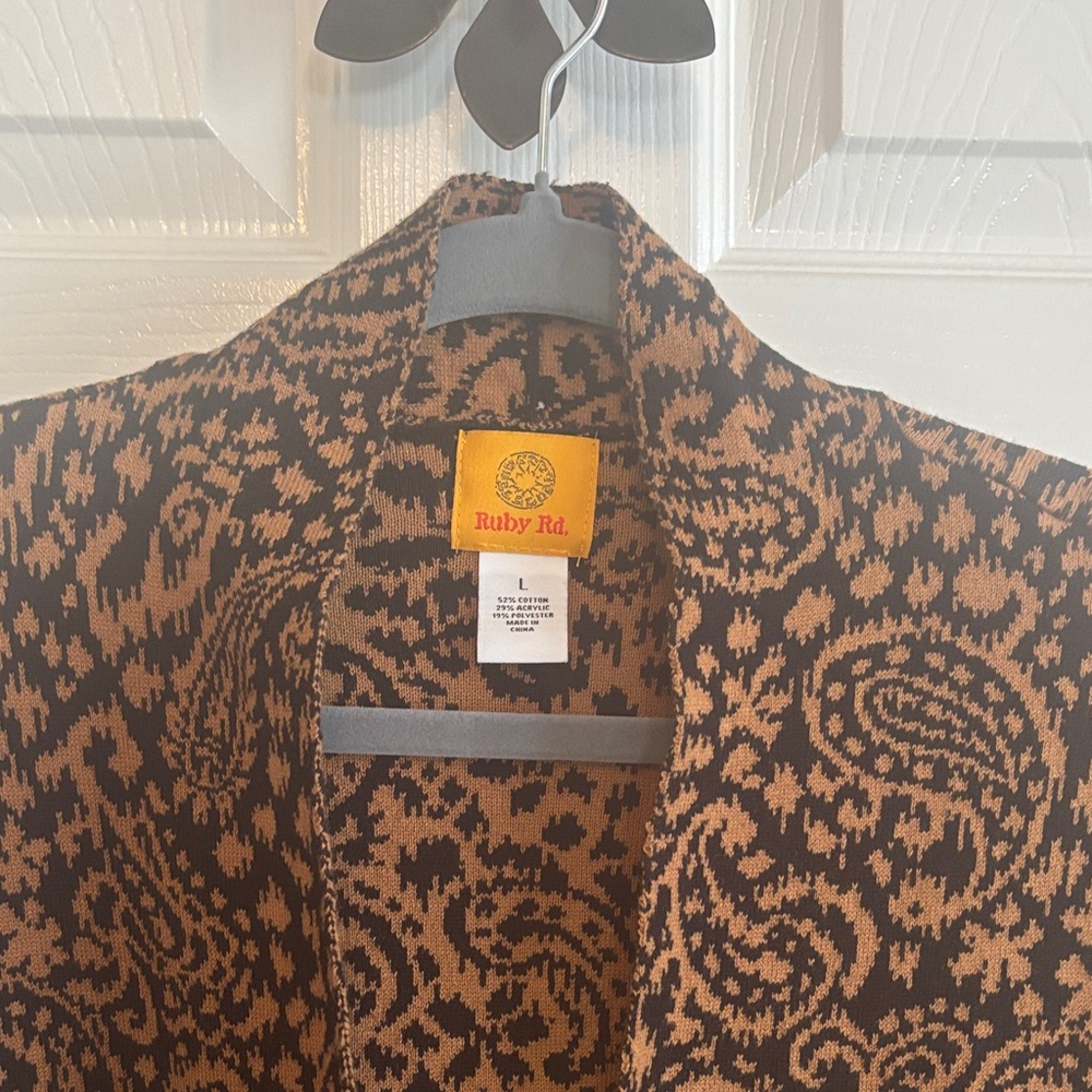 Ruby Rd. Black and Brown Paisley Open Front Sweater Coat Front Patch Pockets Lar - Picture 2 of 9